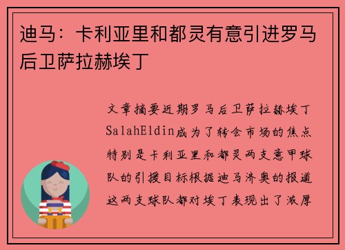 迪马：卡利亚里和都灵有意引进罗马后卫萨拉赫埃丁